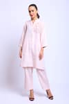 Buy_Linen Bloom_Pink 100% Linen Embroidered Floral Motifs Band Asymmetric Tunic _at_Aza_Fashions