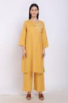 Buy_Linen Bloom_Yellow Pure Linen Embroidered Floral Motifs Round Tunic _at_Aza_Fashions