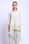 Buy_Linen Bloom_Beige 100% Linen Embroidered Floral Motifs Round Asymmetric Tunic _Online_at_Aza_Fashions