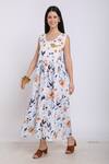 Linen Bloom_White Pure Linen Bird And Floral Motifs Round Print Dress _Online_at_Aza_Fashions