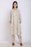 Buy_Linen Bloom_Beige Pure Linen Floral Motifs Shirt Collar Embroidered Tunic _at_Aza_Fashions