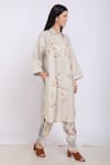 Linen Bloom_Beige Pure Linen Floral Motifs Shirt Collar Embroidered Tunic _Online_at_Aza_Fashions