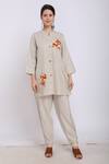 Buy_Linen Bloom_Beige Pure Linen Floral Motifs Mandarin Collar Tunic _at_Aza_Fashions