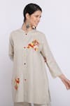 Linen Bloom_Beige Pure Linen Floral Motifs Mandarin Collar Tunic _Online_at_Aza_Fashions