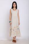 Buy_Linen Bloom_Beige Pure Linen Floral Motifs Round Embroidered Dress _at_Aza_Fashions