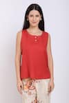 Linen Bloom_Red Linen Kantha Stitched Top_Online_at_Aza_Fashions