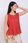 Buy_Linen Bloom_Red Linen Kantha Stitched Top_Online_at_Aza_Fashions
