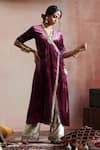 Shop_Weaver Story_Purple Velvet, Linen, Cotton Zari, Embroidery Angrakha Kurta And Farshi Pant Set _Online_at_Aza_Fashions