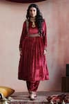 Shop Weaver Story Maroon Velvet, Silk, Cotton Embroidery Round Neck Hand Kurta Set Online at Aza Fashions Shop_Weaver Story_Maroon Velvet, Silk, Cotton Embroidery Round Neck Hand Kurta Set _Online_at_Aza_Fashions