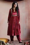 Weaver Story Maroon Velvet, Silk, Cotton Embroidery Round Neck Hand Kurta Set at Aza Fashions Weaver Story_Maroon Velvet, Silk, Cotton Embroidery Round Neck Hand Kurta Set _at_Aza_Fashions