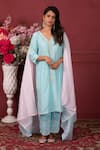 Buy_Ruh Clothing_Blue Chanderi Embroidered Chikankari V Neck Floral Kurta Set _at_Aza_Fashions