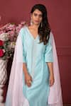 Ruh Clothing_Blue Chanderi Embroidered Chikankari V Neck Floral Kurta Set _Online_at_Aza_Fashions