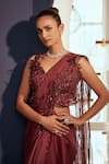 Adaara Couture_Wine Organza Hand Embroidered Sequins V Neck Pre-draped Saree With Blouse _Online_at_Aza_Fashions
