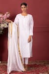 Buy_Ruh Clothing_White Organic Cotton Hand Embroidered Chikankari Round Notched Kurta Set _at_Aza_Fashions