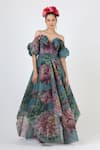 Buy_Geisha Designs_Blue Polyester Printed Floral Sweetheart Off Shoulder Botanical Gown  _at_Aza_Fashions