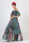 Geisha Designs_Blue Polyester Printed Floral Sweetheart Off Shoulder Botanical Gown  _Online_at_Aza_Fashions