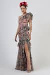 Geisha Designs Pink Polyester Printed Floral One Shoulder Ruffle Gown Online at Aza Fashions Geisha Designs_Pink Polyester Printed Floral One Shoulder Ruffle Gown _Online_at_Aza_Fashions