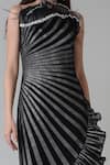 Geisha Designs_Black Nylon Printed Metallic Stripe Asymmetric Sabrina Dress  _Online_at_Aza_Fashions