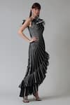 Buy_Geisha Designs_Black Nylon Printed Metallic Stripe Asymmetric Sabrina Dress  _Online_at_Aza_Fashions