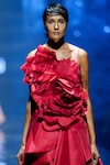 Geisha Designs_Red Polyester Embroidery Floral Asymmetric Rose Layered Dress _Online_at_Aza_Fashions