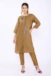 Buy_Linen Bloom_Brown 100% Pure Linen Embroidered Round Tunic _at_Aza_Fashions