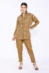 Buy_Linen Bloom_Brown 100% Pure Linen Embroidered Floral Shirt Collar  _at_Aza_Fashions