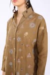 Buy_Linen Bloom_Brown 100% Pure Linen Embroidered Floral Shirt Collar  _Online_at_Aza_Fashions