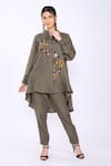 Buy_Linen Bloom_Green 100% Pure Linen Embroidered Floral Mandarin Collar Asymmetric Tunic _at_Aza_Fashions