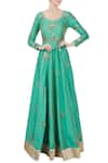 Buy_Priyanka Jain_Teal Blue Silk Embroidered Anarkali With Lycra Pants _at_Aza_Fashions