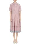 Shop_Eka_Pink Linen Floral Hand Block Print Midi Dress_Online_at_Aza_Fashions