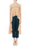 Shop_Shruti Ranka_Peach Crinkled Cotton Chevron Round Asymmetric Cape And Cropped Pant Set For Women_Online_at_Aza_Fashions