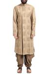 Shop_Poonam Kasera_Beige Linen Embroidered Paisley Motifs Kurta And Churidar_Online_at_Aza_Fashions