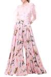 Buy_Mahima Mahajan_Pink Organza Printed Floral Collared Neck Ruffle Blouse And Pant Set_at_Aza_Fashions