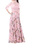 Shop_Mahima Mahajan_Pink Organza Printed Floral Collared Neck Ruffle Blouse And Pant Set _at_Aza_Fashions