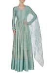 Buy_Neha Khullar_Blue Chanderi Silk Printed Foil Round Anarkali Set _at_Aza_Fashions