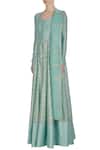 Buy_Neha Khullar_Blue Chanderi Silk Printed Foil Round Anarkali Set _Online_at_Aza_Fashions