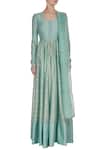 Shop_Neha Khullar_Blue Chanderi Silk Printed Foil Round Anarkali Set _Online_at_Aza_Fashions