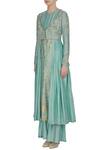 Buy_Neha Khullar_Blue Chanderi Silk Printed Foil Round Kurta With Gota Pleated Jacket And Pants _Online_at_Aza_Fashions