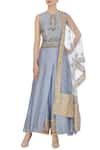 Buy_Neha Khullar_Blue Chanderi Silk Embroidered Zari Notched And Cutdana Front Slit Kurta Set _at_Aza_Fashions