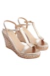 Buy_Nidhi Bhandari_Gold Sequins Embellished T-strap Wedges _at_Aza_Fashions