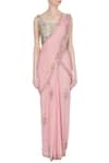 Rajat & Shraddha_Pink Georgette Embroidered Rose Pre-draped Saree With Sequin Blouse  _Online_at_Aza_Fashions