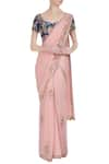 Buy_Rajat & Shraddha_Blue Georgette Pink Rose Pre-draped Saree With Floral Blouse  _at_Aza_Fashions