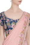 Buy_Rajat & Shraddha_Blue Georgette Pink Rose Pre-draped Saree With Floral Blouse  _Online_at_Aza_Fashions