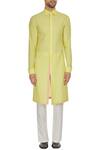 Shop_Kunal Anil Tanna_Yellow Spun Silk Checks Textured Long Kurta Set  _Online_at_Aza_Fashions