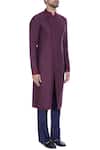 Kunal Anil Tanna_Wine Spun Silk Textured Overlap Kurta With Blue Pants  _Online_at_Aza_Fashions