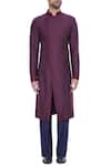 Shop_Kunal Anil Tanna_Wine Spun Silk Textured Overlap Kurta With Blue Pants  _Online_at_Aza_Fashions