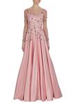 Shop_Pooja Peshoria_Pink Satin Bridal Flared Gown In Crystals And Sequin Work _Online_at_Aza_Fashions