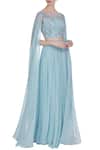 Buy_Pooja Peshoria_Blue Georgette Embroidered Crystal Cape Sleeve Hand Blouse With Pleated Lehenga _at_Aza_Fashions