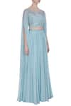 Pooja Peshoria_Blue Georgette Embroidered Crystal Cape Sleeve Hand Blouse With Pleated Lehenga _Online_at_Aza_Fashions