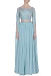 Shop_Pooja Peshoria_Blue Georgette Embroidered Crystal Cape Sleeve Hand Blouse With Pleated Lehenga _Online_at_Aza_Fashions